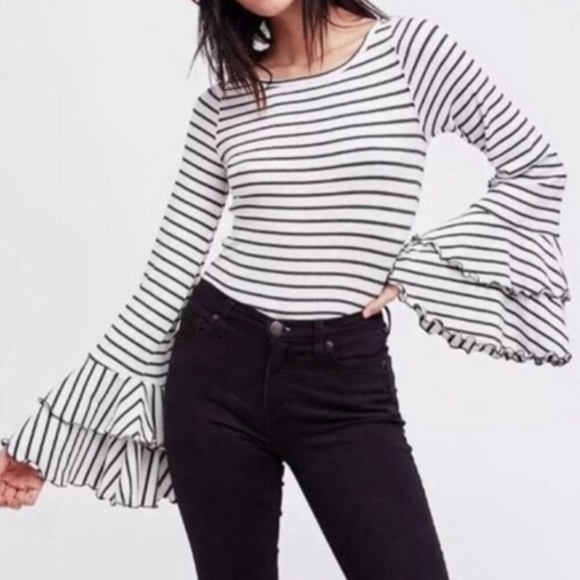Free People Gray and Black Bell sleeves Top - Picture 1 of 8